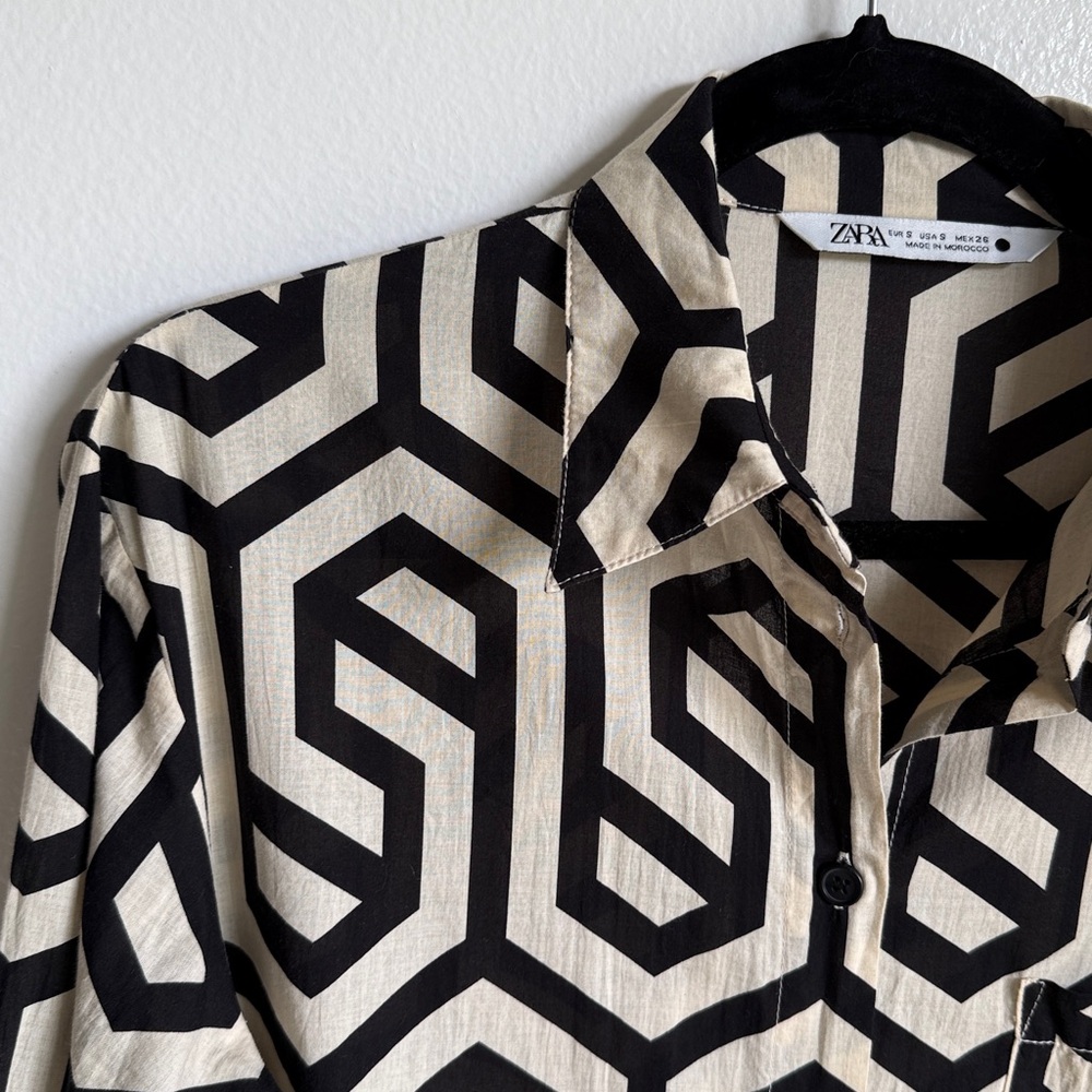 Zara Cream Black Geometric Long Sleeve Button Down Blouse, Small - Picture 2 of 6